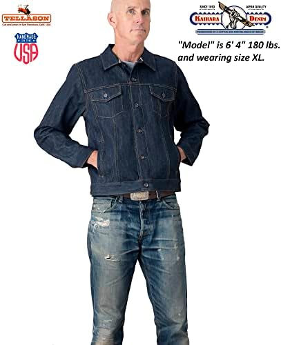 Tellason Made in USA Men's 12.5 oz Japanese Kaihara Raw Selvedge Denim Jean Jacket at Amazon Men’s Clothing store
